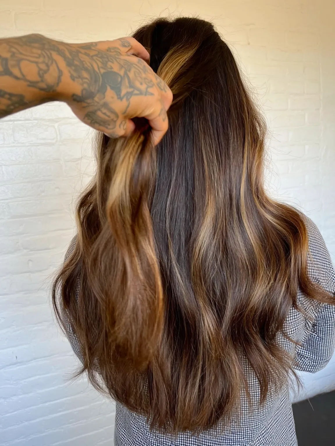 Warm Caramel Brown Balayage on Medium Volume Wavy Long Layers